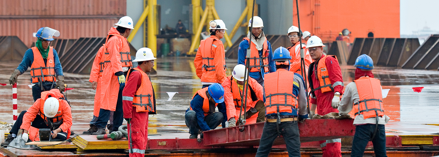 Workers preparing for shipment of the 6,000 ton Gudrun module for shipment